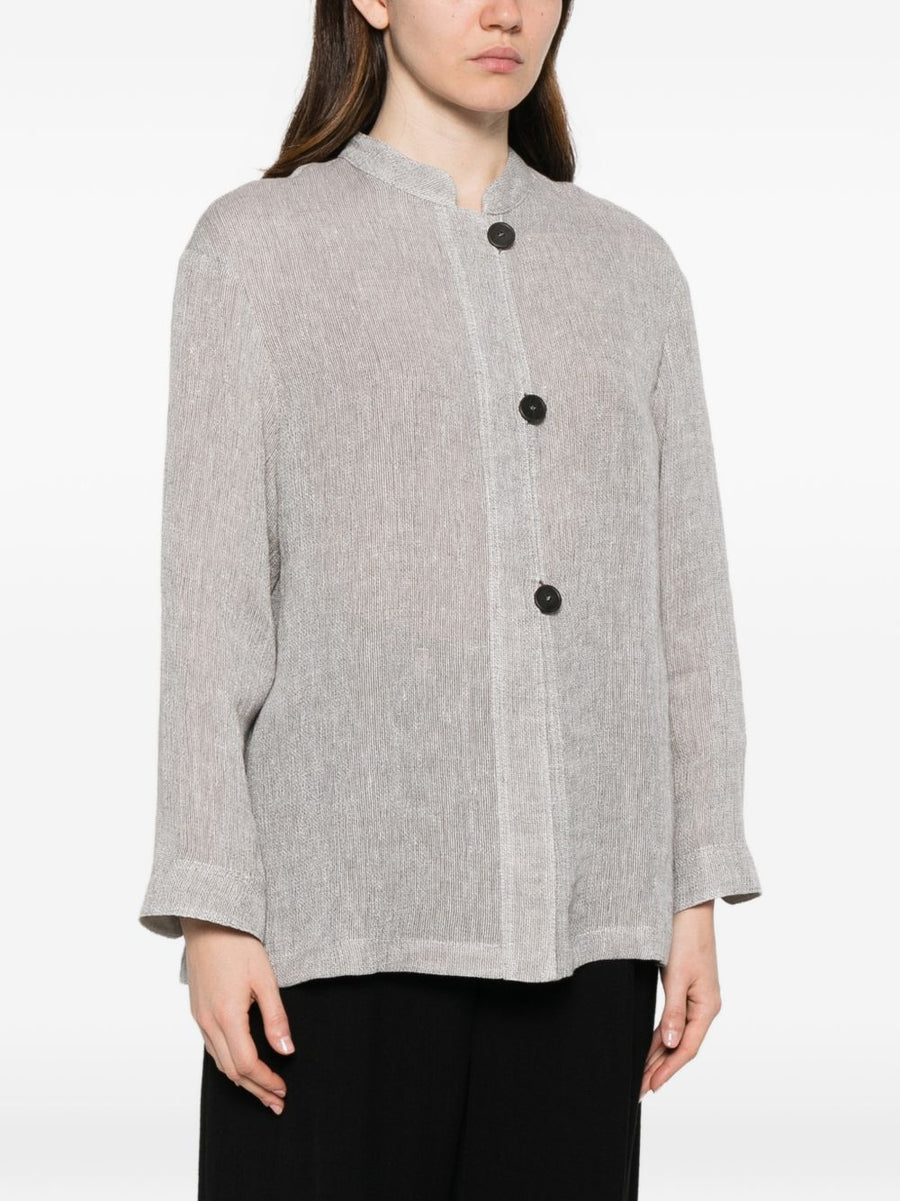 Emporio Armani Women Linen Buttoned Jacket Breathable Grey Linen Blend For Sophisticated Everyday Wear