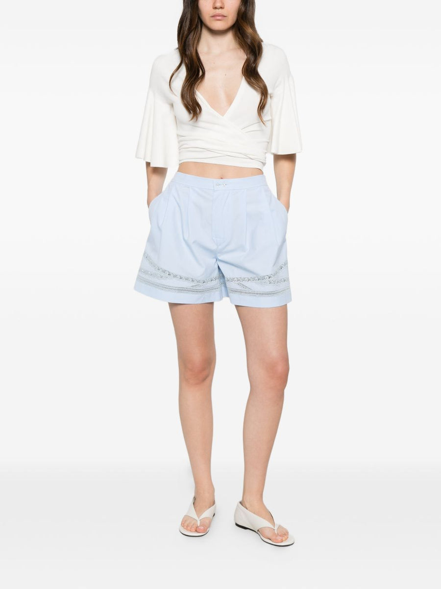 Ermanno Scervino Cotton Shorts For Women Light Blue Luxurious 100 Percent Cotton With Lace Trim And Pleated Tailoring