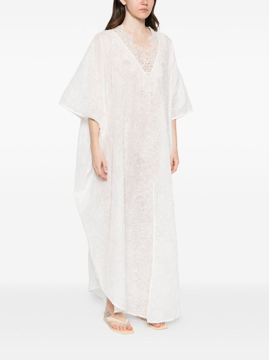 Ermanno Scervino Long Kaftan White Vneck Scalloped Edge Luxury Resort Cover Up For Women