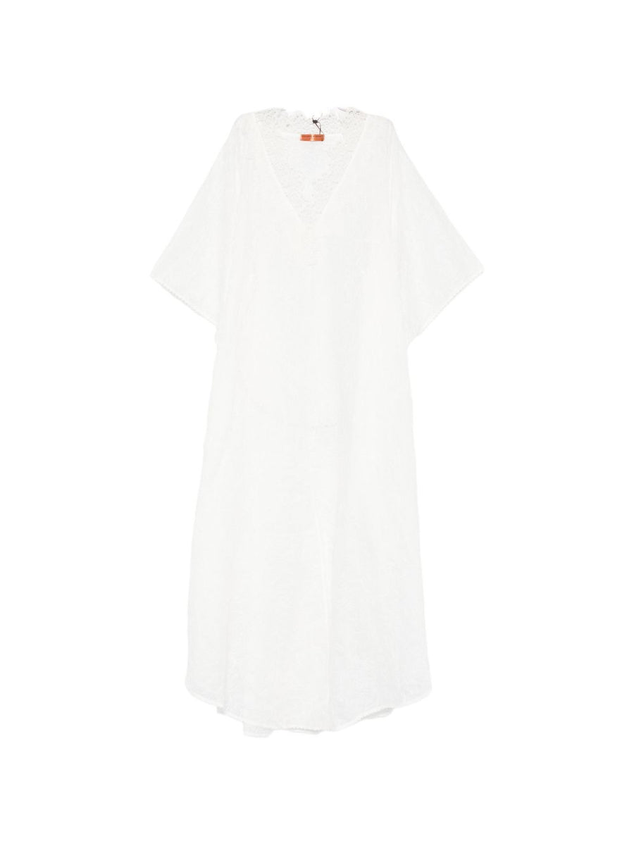 Ermanno Scervino Long Kaftan White Vneck Scalloped Edge Luxury Resort Cover Up For Women