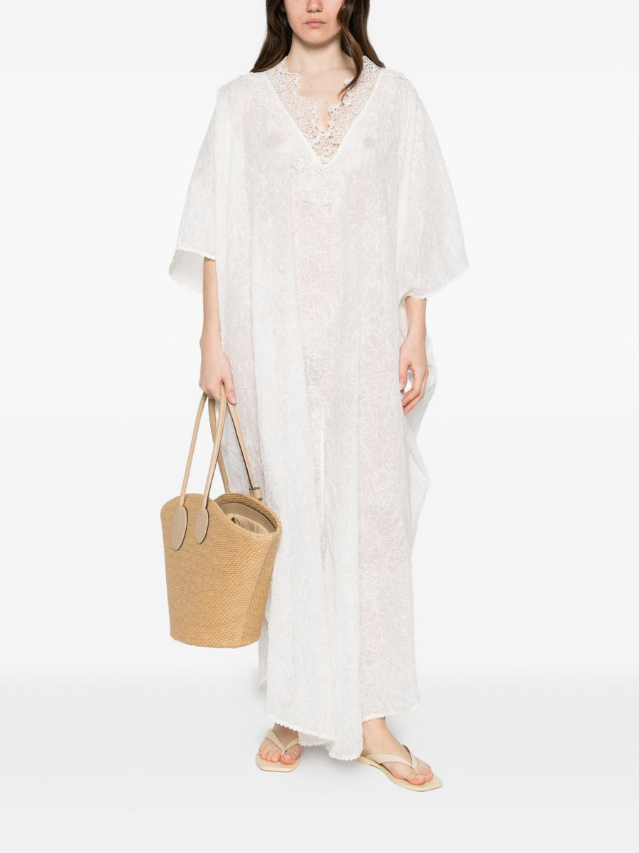 Ermanno Scervino Long Kaftan White Vneck Scalloped Edge Luxury Resort Cover Up For Women