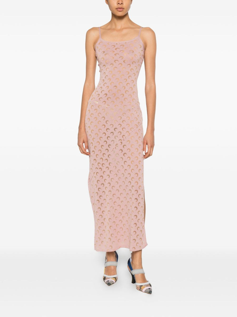 Marine Serre Moon Devore Long Dress Light Pink Knit With Crescent Moon Pattern Resort Ready Women