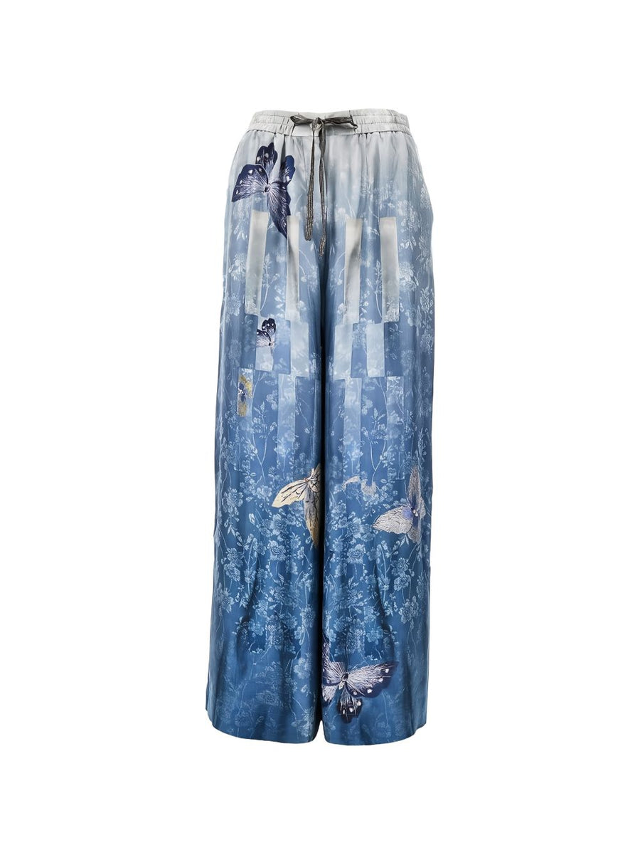 Pierre Louis Mascia Light Blue Printed Silk Trousers for Resort Wear