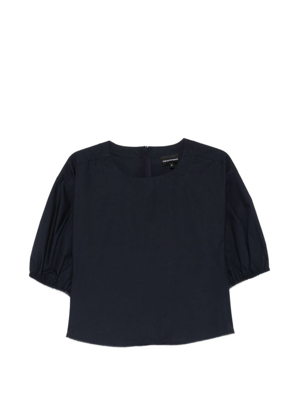 Emporio Armani Navy Cotton Blouse For Women With Puff Sleeves And Day To Night Versatility