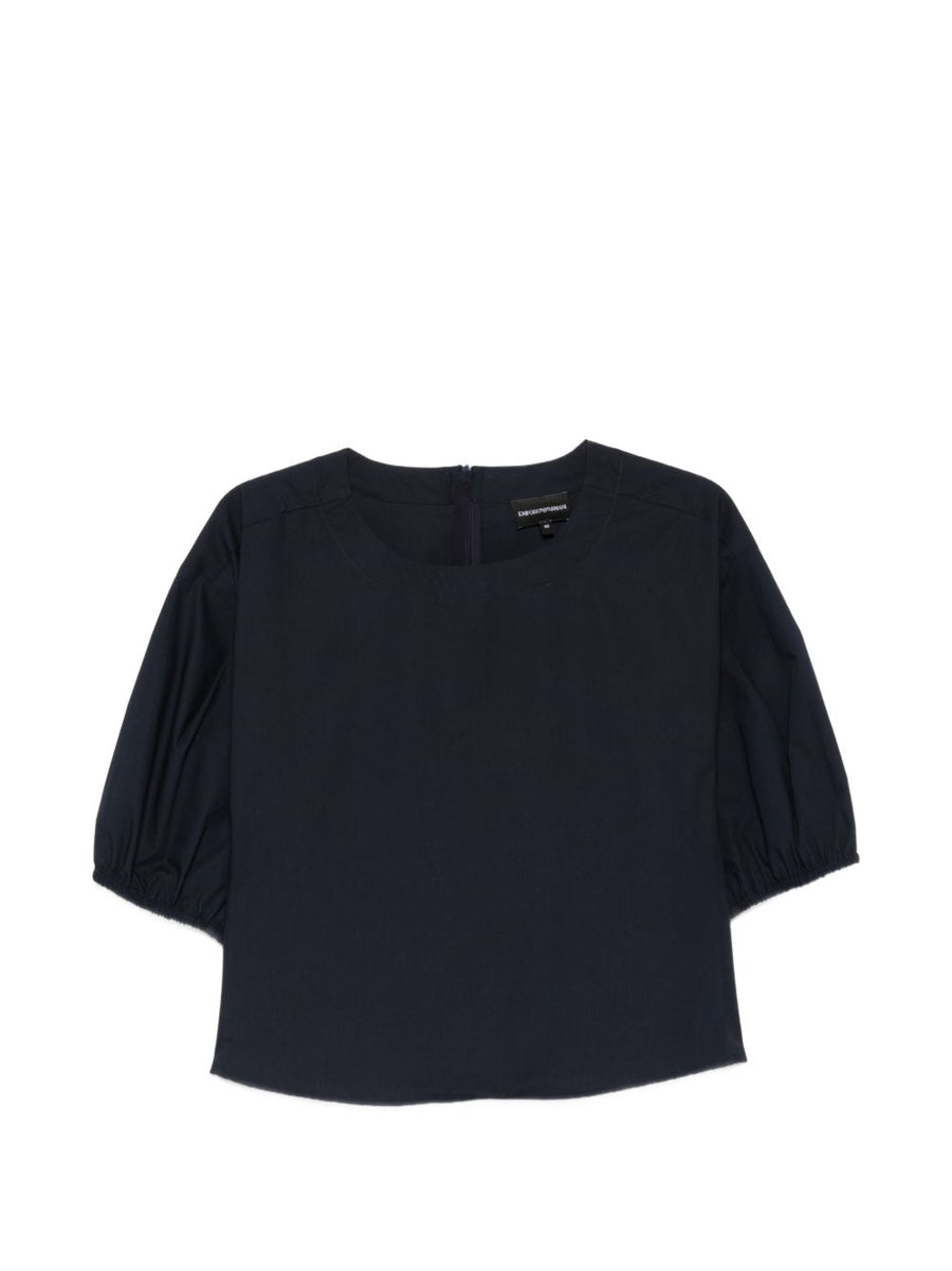 Emporio Armani Navy Cotton Blouse For Women With Puff Sleeves And Day To Night Versatility