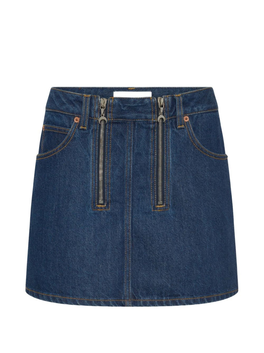 Marine Serre Denim Mini Skirt Navy Premium Denim With Logo Zip Pulls For Women Streetwear Essential