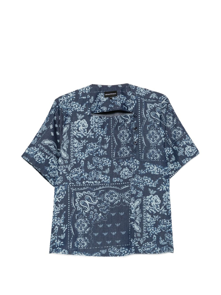 Emporio Armani Floral Print Cotton Top For Women, Breathable Navy Floral, Short Sleeve Square Neck Luxury
