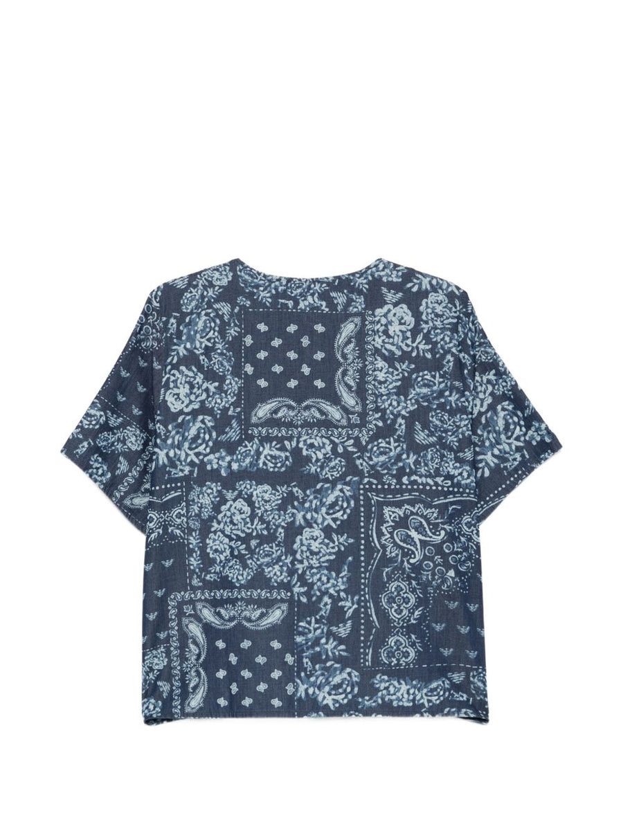 Emporio Armani Floral Print Cotton Top For Women, Breathable Navy Floral, Short Sleeve Square Neck Luxury