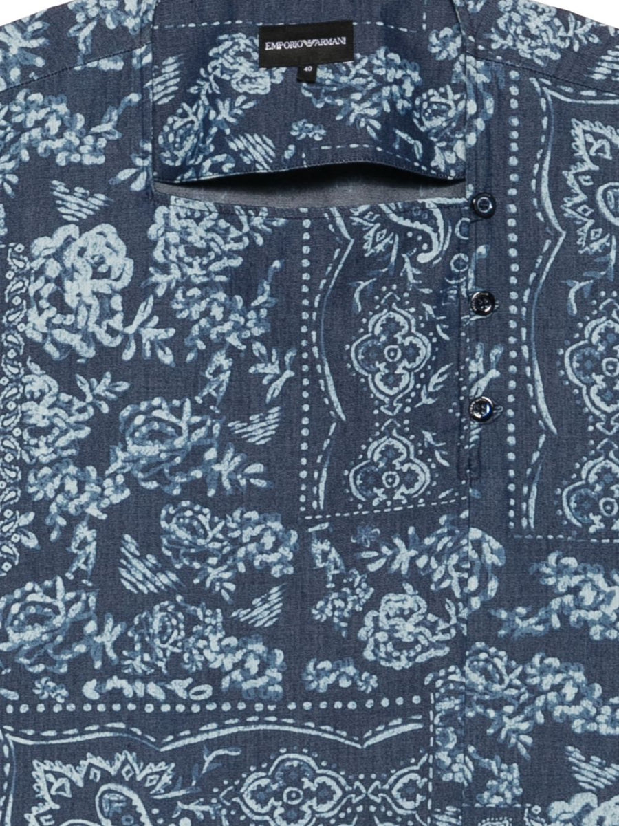 Emporio Armani Floral Print Cotton Top For Women, Breathable Navy Floral, Short Sleeve Square Neck Luxury