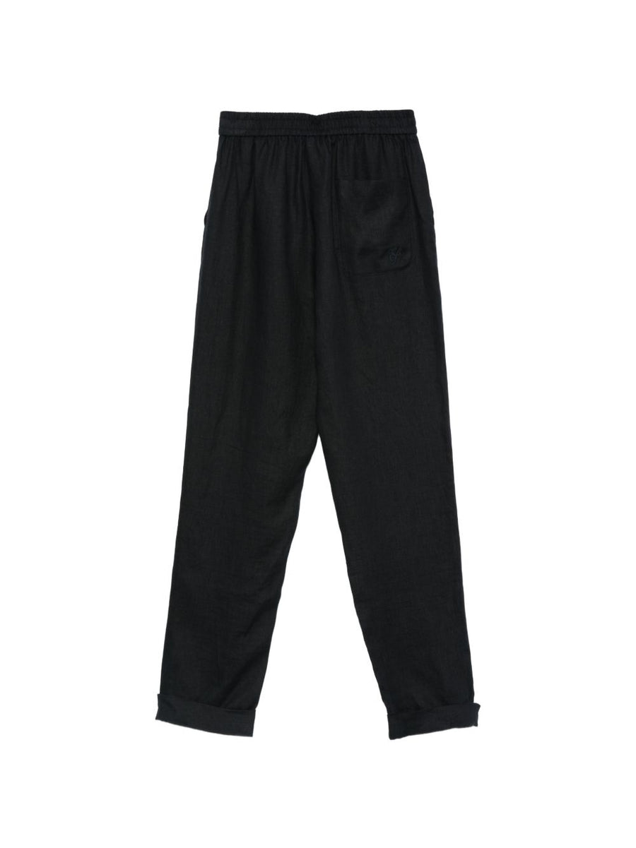 Emporio Armani Linen Trousers for Women Navy Breathable Pure Linen Elastic Waistband Refined Silhouette Office Wear