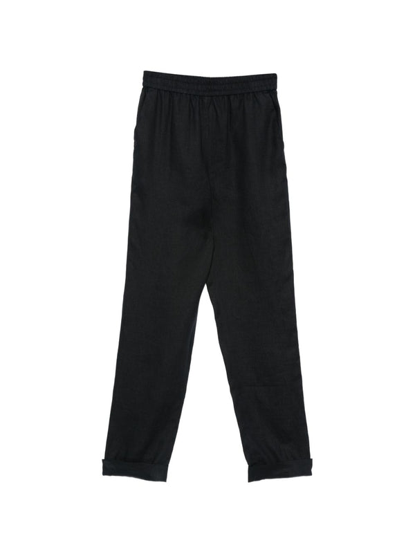 Emporio Armani Linen Trousers for Women Navy Breathable Pure Linen Elastic Waistband Refined Silhouette Office Wear