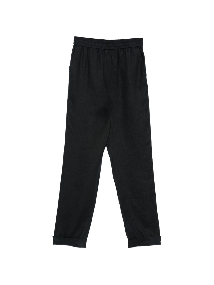 Emporio Armani Linen Trousers for Women Navy Breathable Pure Linen Elastic Waistband Refined Silhouette Office Wear