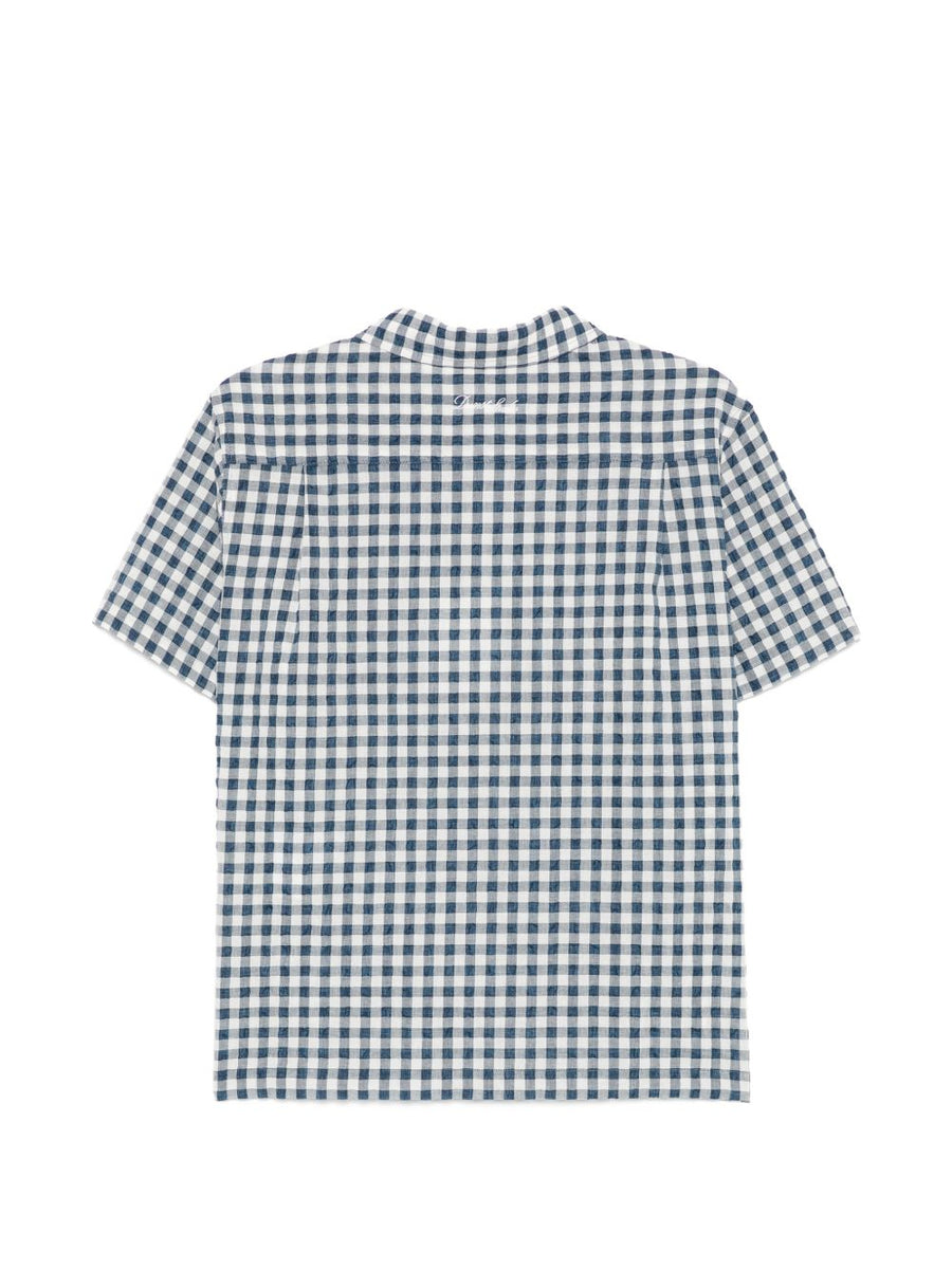 Dunst Womens Navy Gingham Cotton Blend Shirt With Front Button Chest Pocket Navy Detail Office Wear