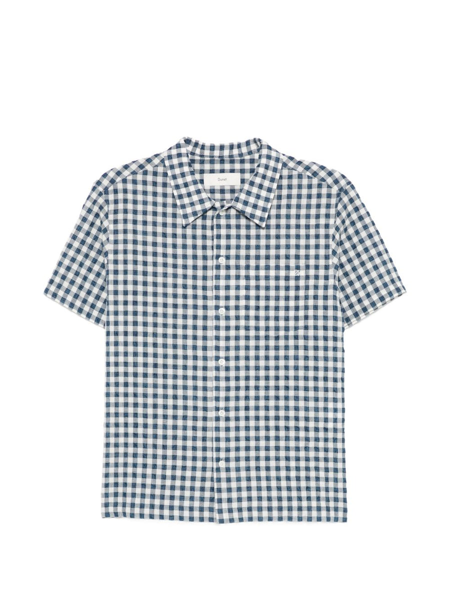 Dunst Womens Navy Gingham Cotton Blend Shirt With Front Button Chest Pocket Navy Detail Office Wear