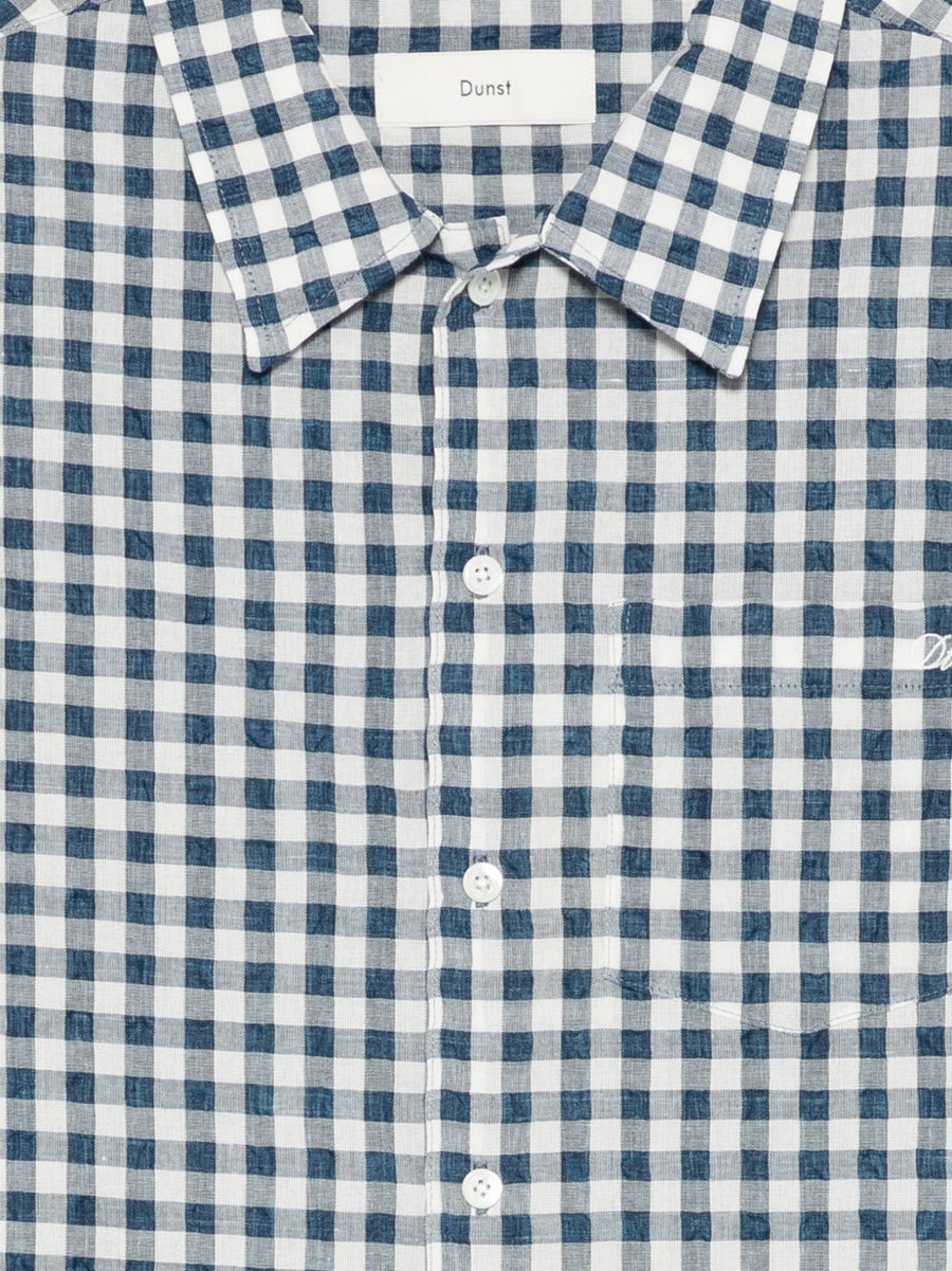 Dunst Womens Navy Gingham Cotton Blend Shirt With Front Button Chest Pocket Navy Detail Office Wear