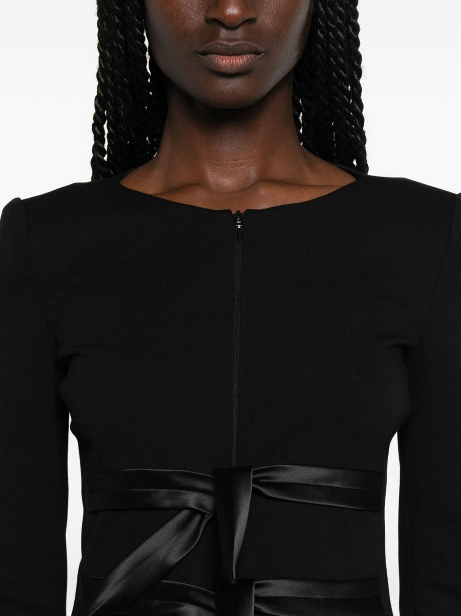 Emporio Armani Women Collarless Zip Front Jacket With Bow Detail And Satin Cuffs