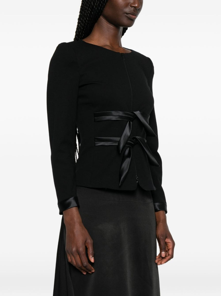 Emporio Armani Women Collarless Zip Front Jacket With Bow Detail And Satin Cuffs