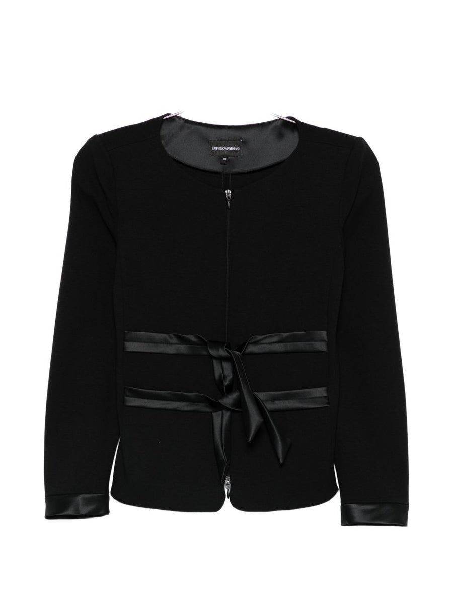 Emporio Armani Women Collarless Zip Front Jacket With Bow Detail And Satin Cuffs
