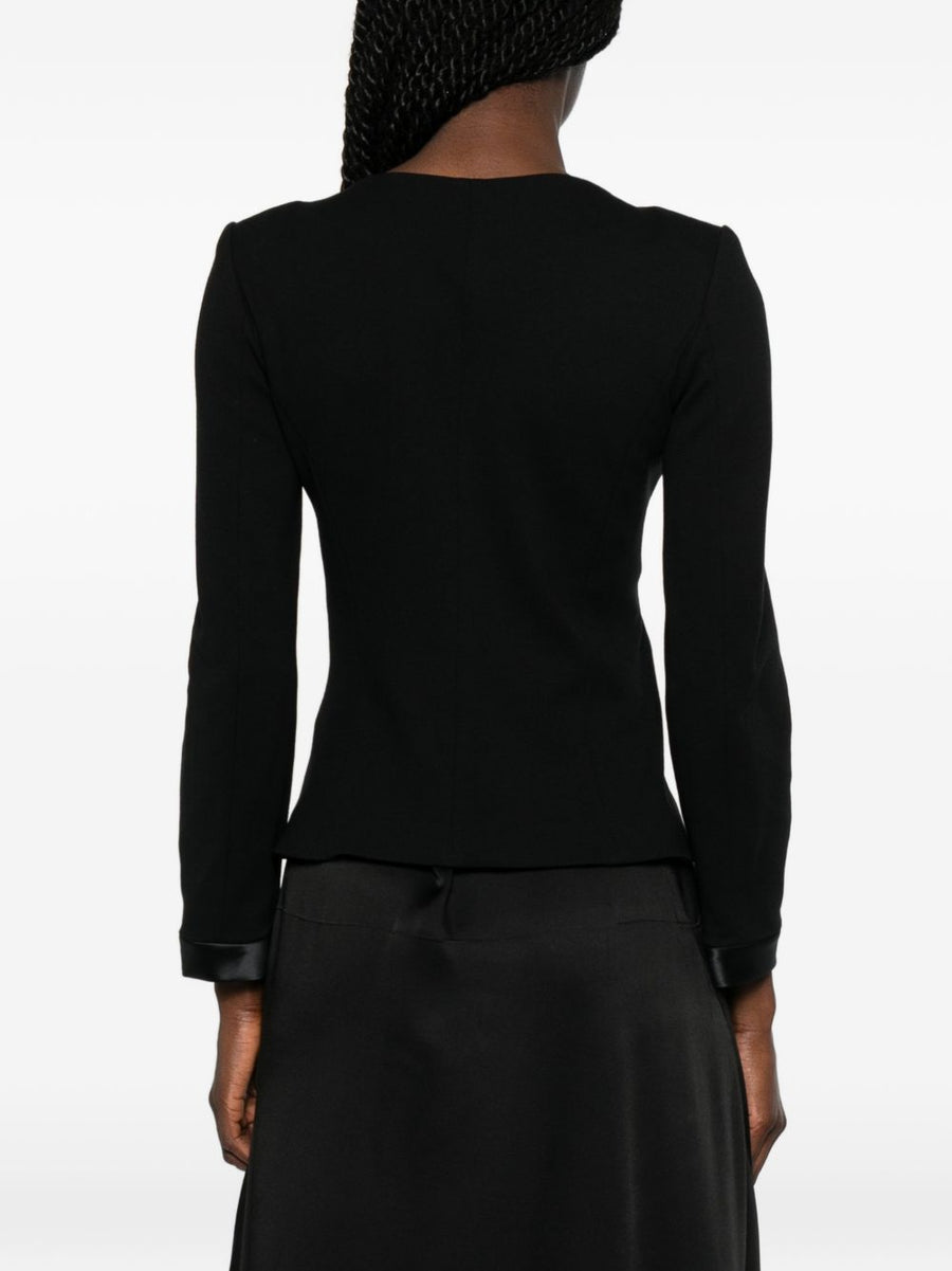 Emporio Armani Women Collarless Zip Front Jacket With Bow Detail And Satin Cuffs