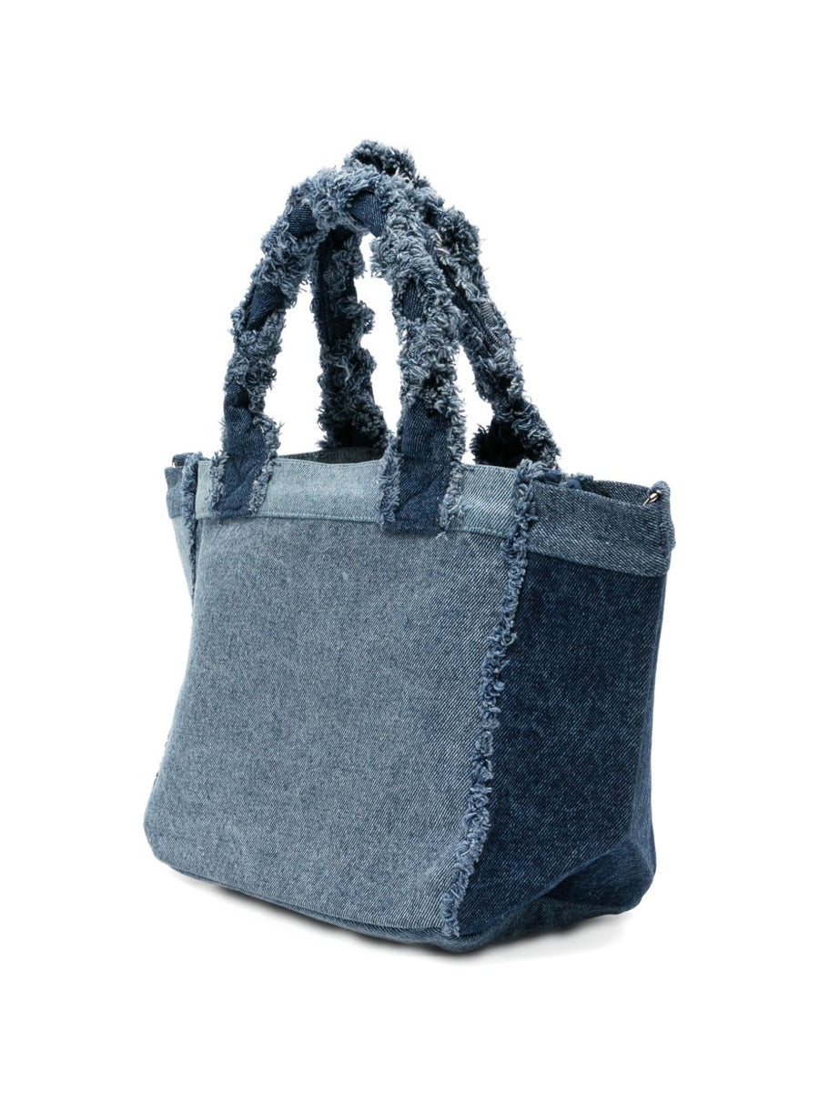 Ganni Denim Small Tote Bag Navy Eco Friendly Recycled Cotton Frayed Panel Detachable Strap For Women