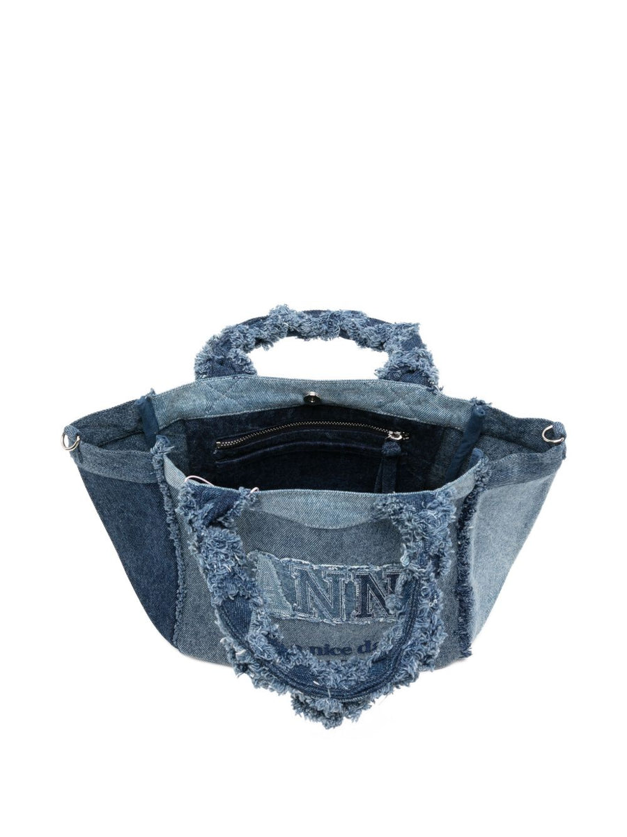 Ganni Denim Small Tote Bag Navy Eco Friendly Recycled Cotton Frayed Panel Detachable Strap For Women