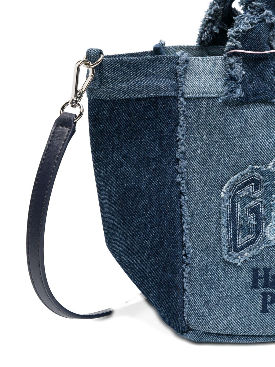 Ganni Denim Small Tote Bag Navy Eco Friendly Recycled Cotton Frayed Panel Detachable Strap For Women