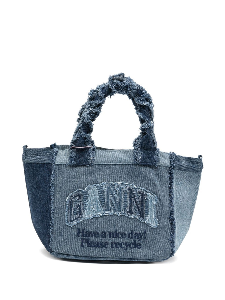 Ganni Denim Small Tote Bag Navy Eco Friendly Recycled Cotton Frayed Panel Detachable Strap For Women