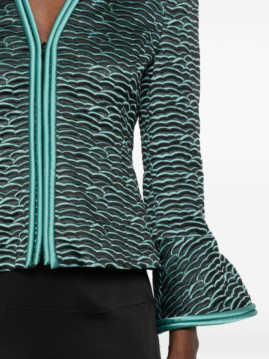 Emporio Armani Wave Pattern Zip Front Jacket For Women Sleek Black Textured Luxury Layer