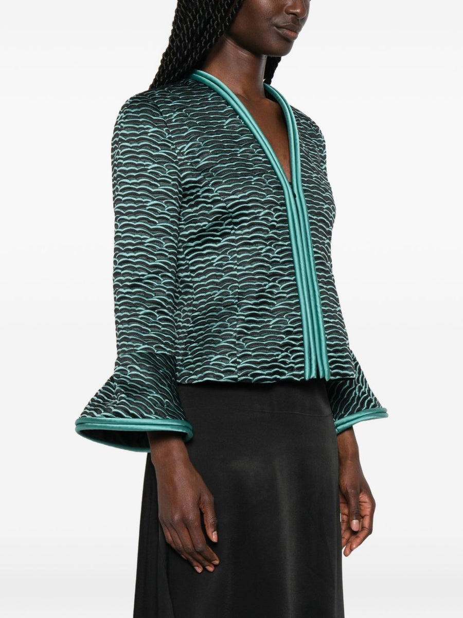 Emporio Armani Wave Pattern Zip Front Jacket For Women Sleek Black Textured Luxury Layer