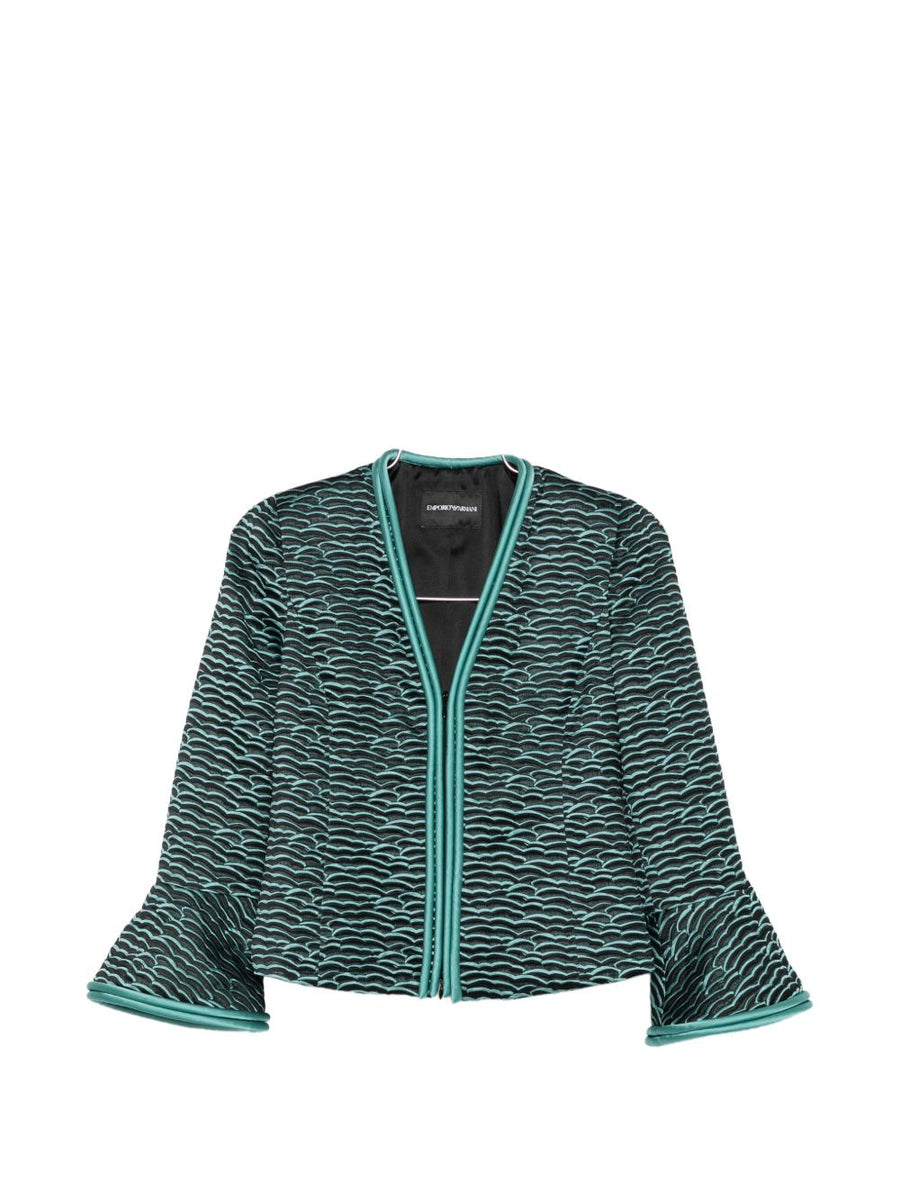 Emporio Armani Wave Pattern Zip Front Jacket For Women Sleek Black Textured Luxury Layer