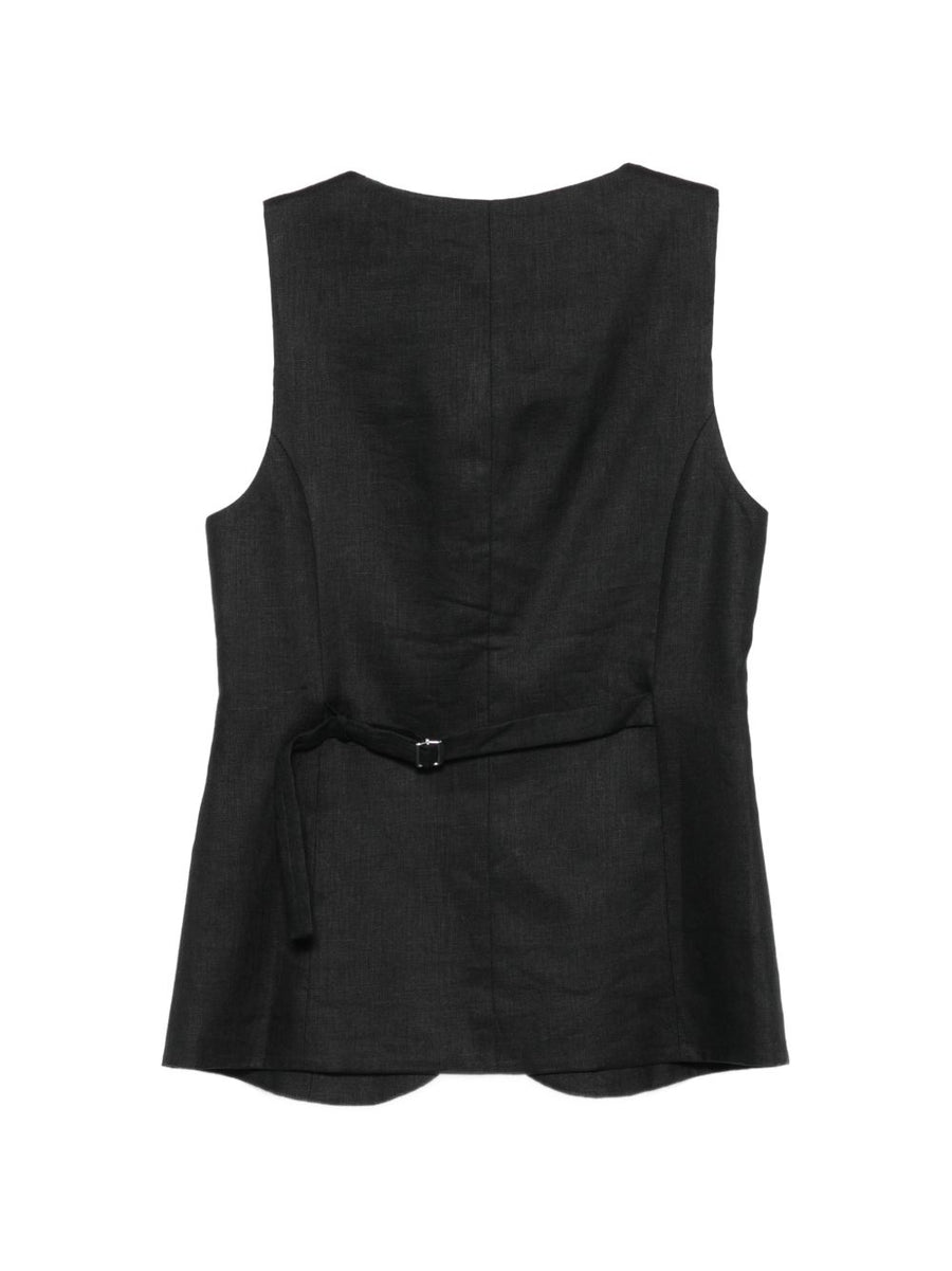 Semicouture Glenna Linen Vest For Women Black Front Button Tailored Back Strap Layering Essential