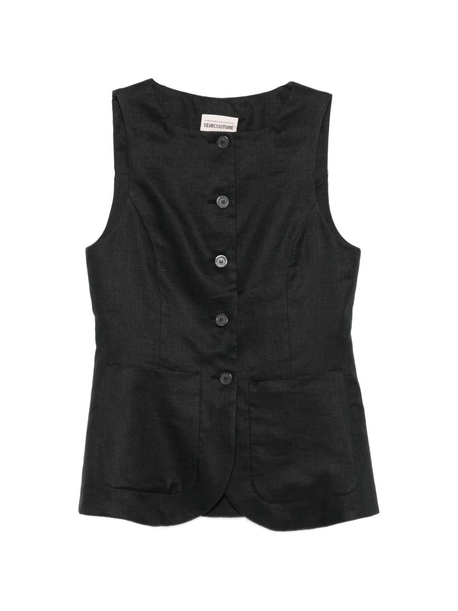 Semicouture Glenna Linen Vest For Women Black Front Button Tailored Back Strap Layering Essential