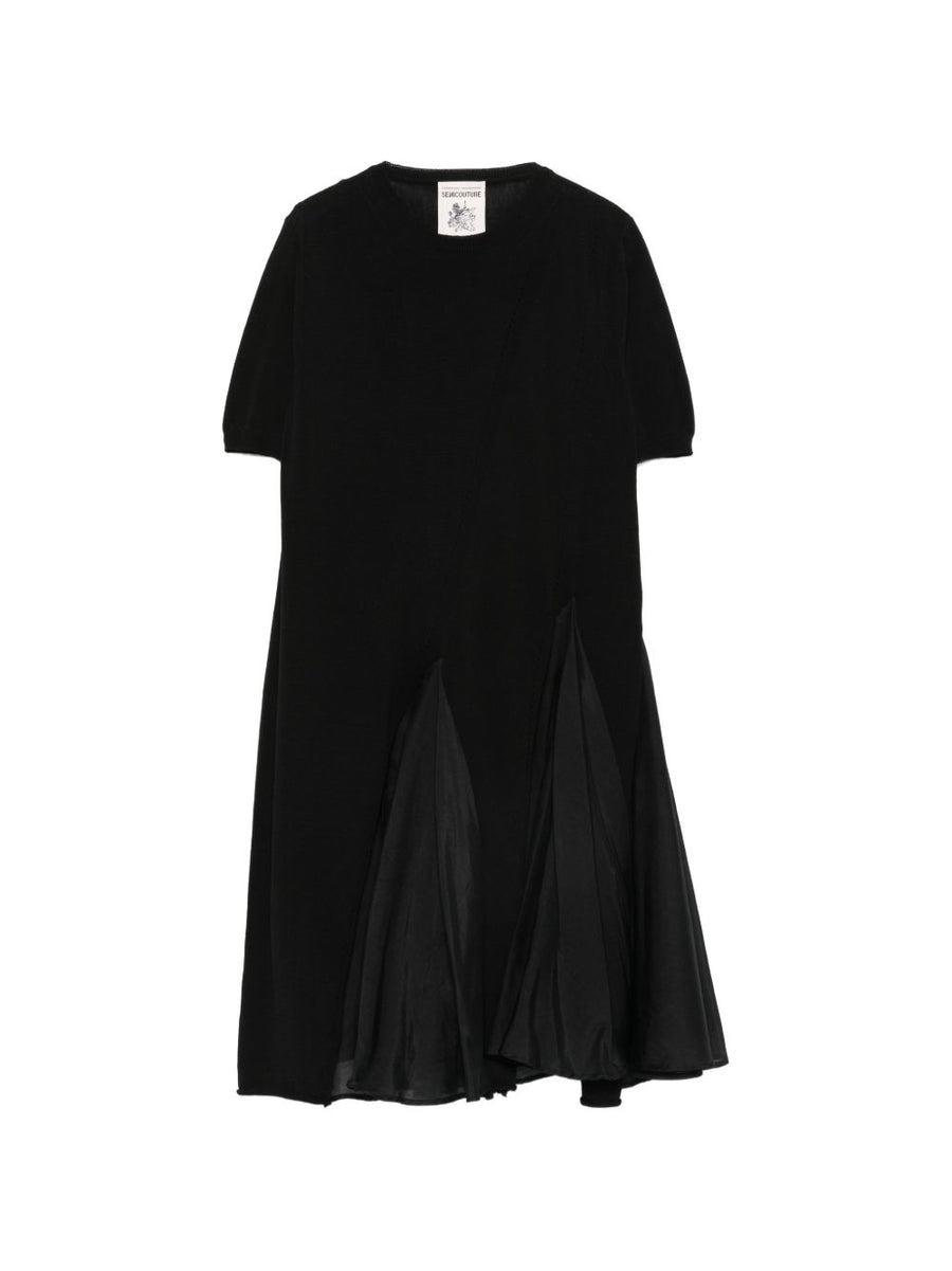 Semicouture Blondie Cotton Silk Dress For Women With Panelled Knit Bodice And Pleated Skirt In Black