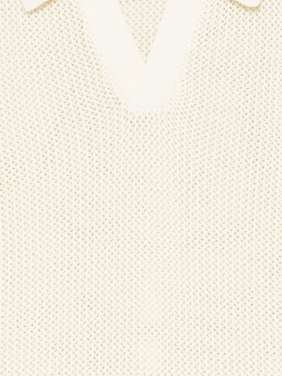 Dunst Women Cotton Linen Polo Shirt Breathable Open Knit With Spread Collar And V Neck Ivory