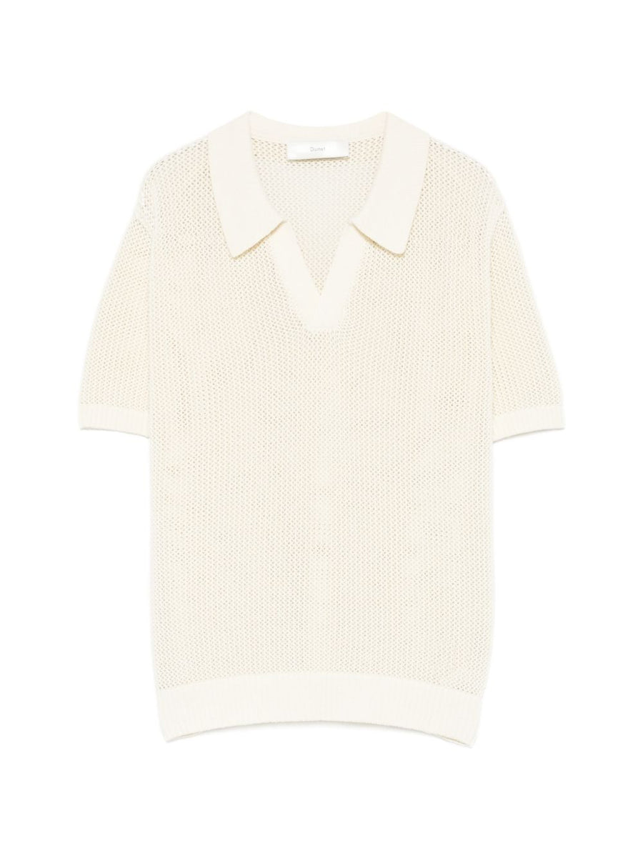 Dunst Women Cotton Linen Polo Shirt Breathable Open Knit With Spread Collar And V Neck Ivory