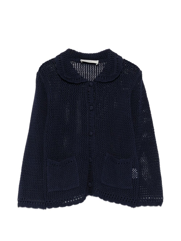 Dunst Linen Cotton Cardigan For Women Lightweight Breathable Navy Button Front Patch Pockets Scalloped Edge