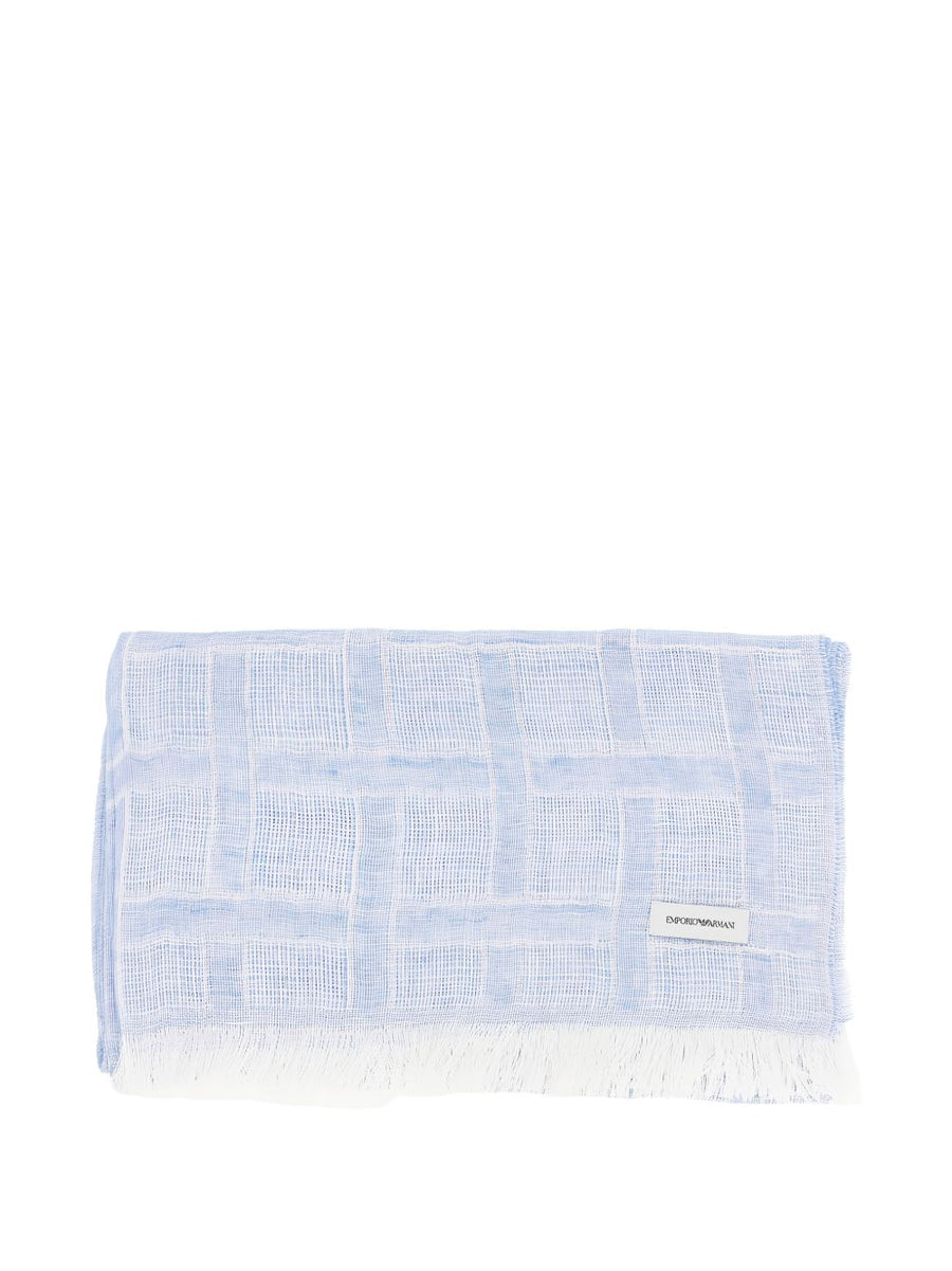 Emporio Armani Linen Scarf For Women Lightweight Light Grey Check Fringe Trim Luxury Accessory