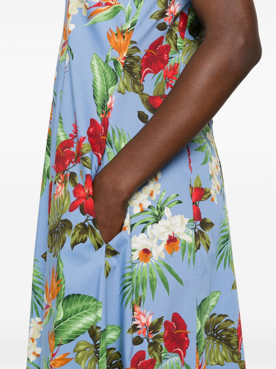 Archivio '67 Printed Cotton Midi Dress Light Blue Floral For Women Lightweight Summer Wardrobe
