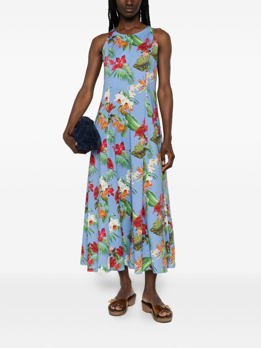 Archivio '67 Printed Cotton Midi Dress Light Blue Floral For Women Lightweight Summer Wardrobe