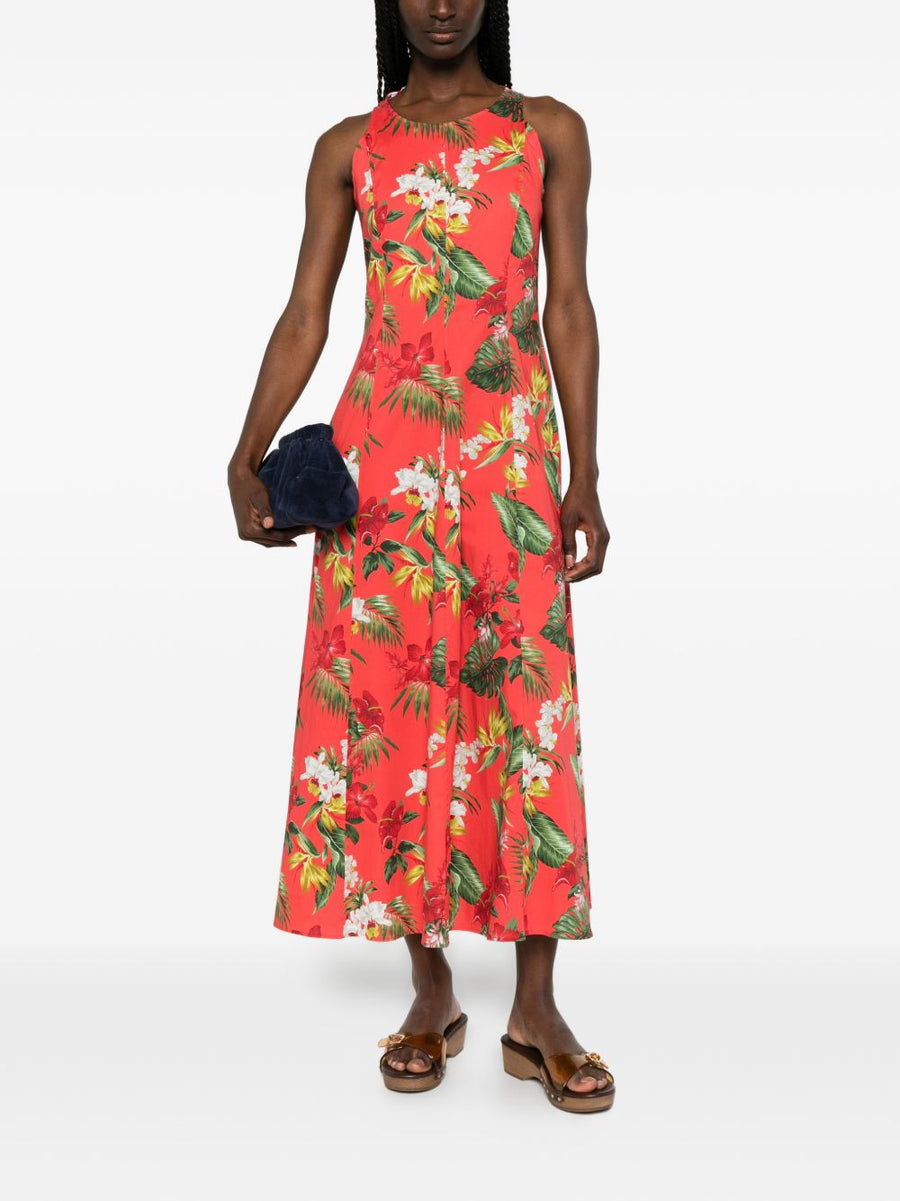 Archivio 67 Red Floral Halterneck Cotton Midi Dress for Women Printed A Line Silhouette Breathable Summer Essential
