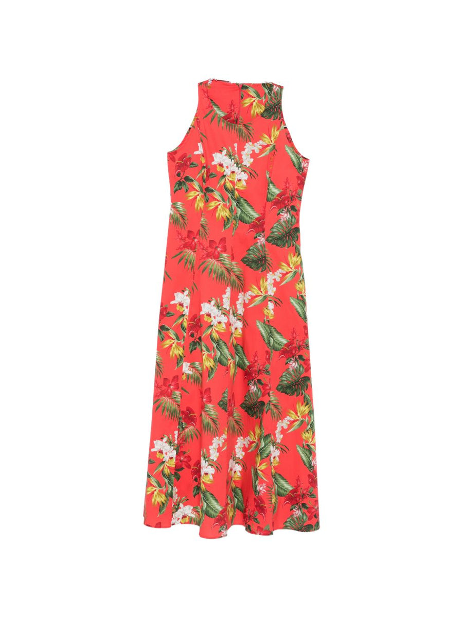 Archivio 67 Red Floral Halterneck Cotton Midi Dress for Women Printed A Line Silhouette Breathable Summer Essential