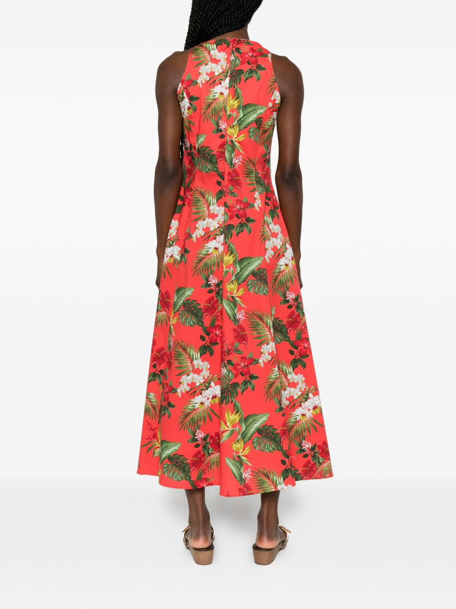 Archivio 67 Red Floral Halterneck Cotton Midi Dress for Women Printed A Line Silhouette Breathable Summer Essential