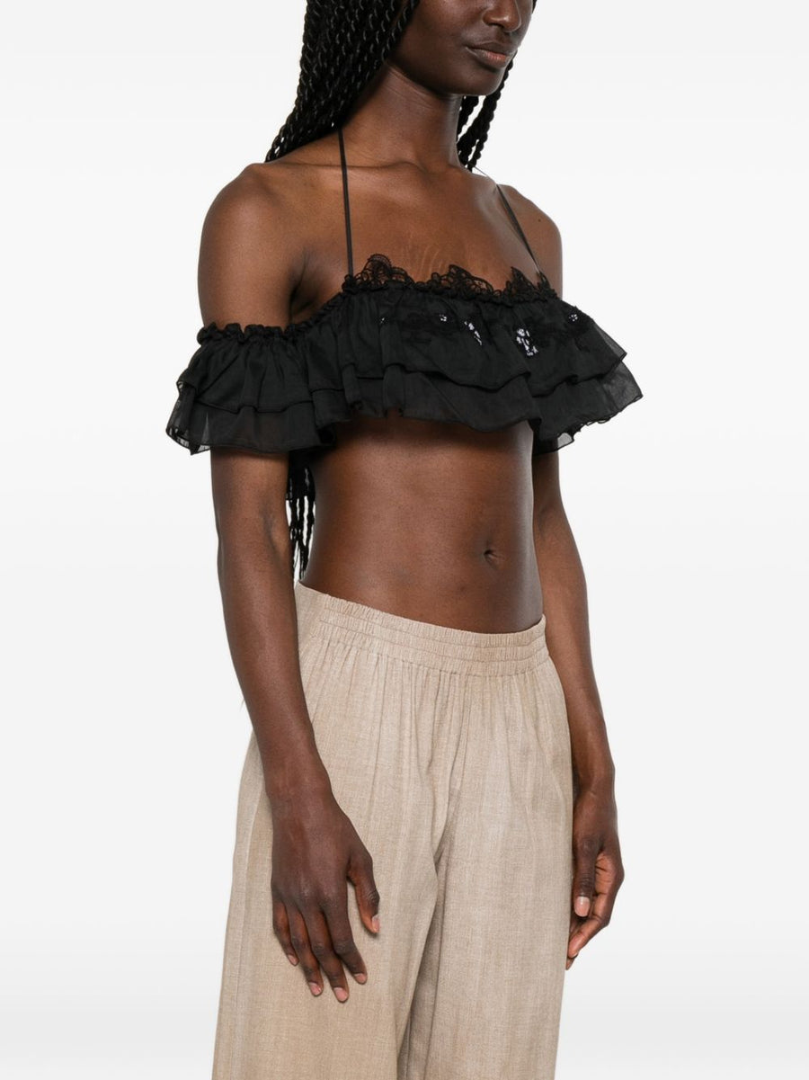 Ermanno Scervino Luxurious Embroidered Halter Crop Top For Women With Floral Embroidery And Ruffle Detail