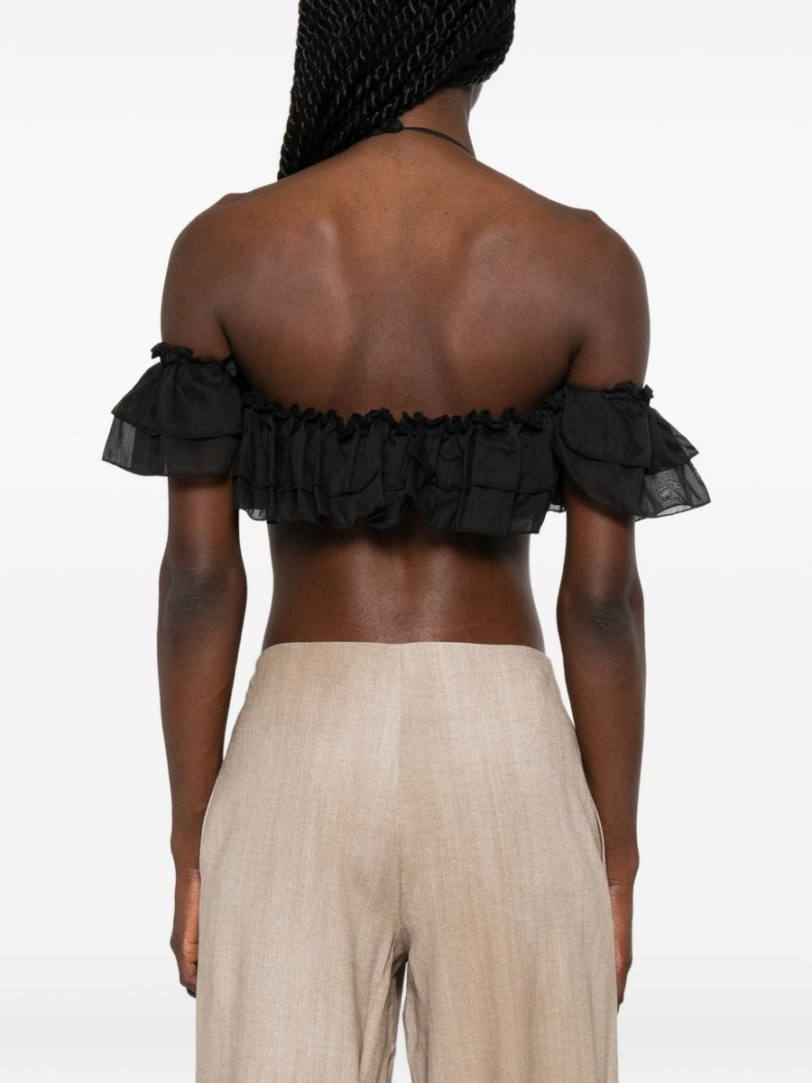 Ermanno Scervino Luxurious Embroidered Halter Crop Top For Women With Floral Embroidery And Ruffle Detail