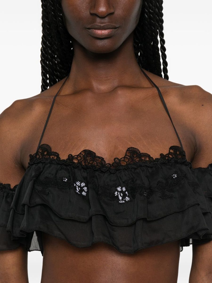Ermanno Scervino Luxurious Embroidered Halter Crop Top For Women With Floral Embroidery And Ruffle Detail