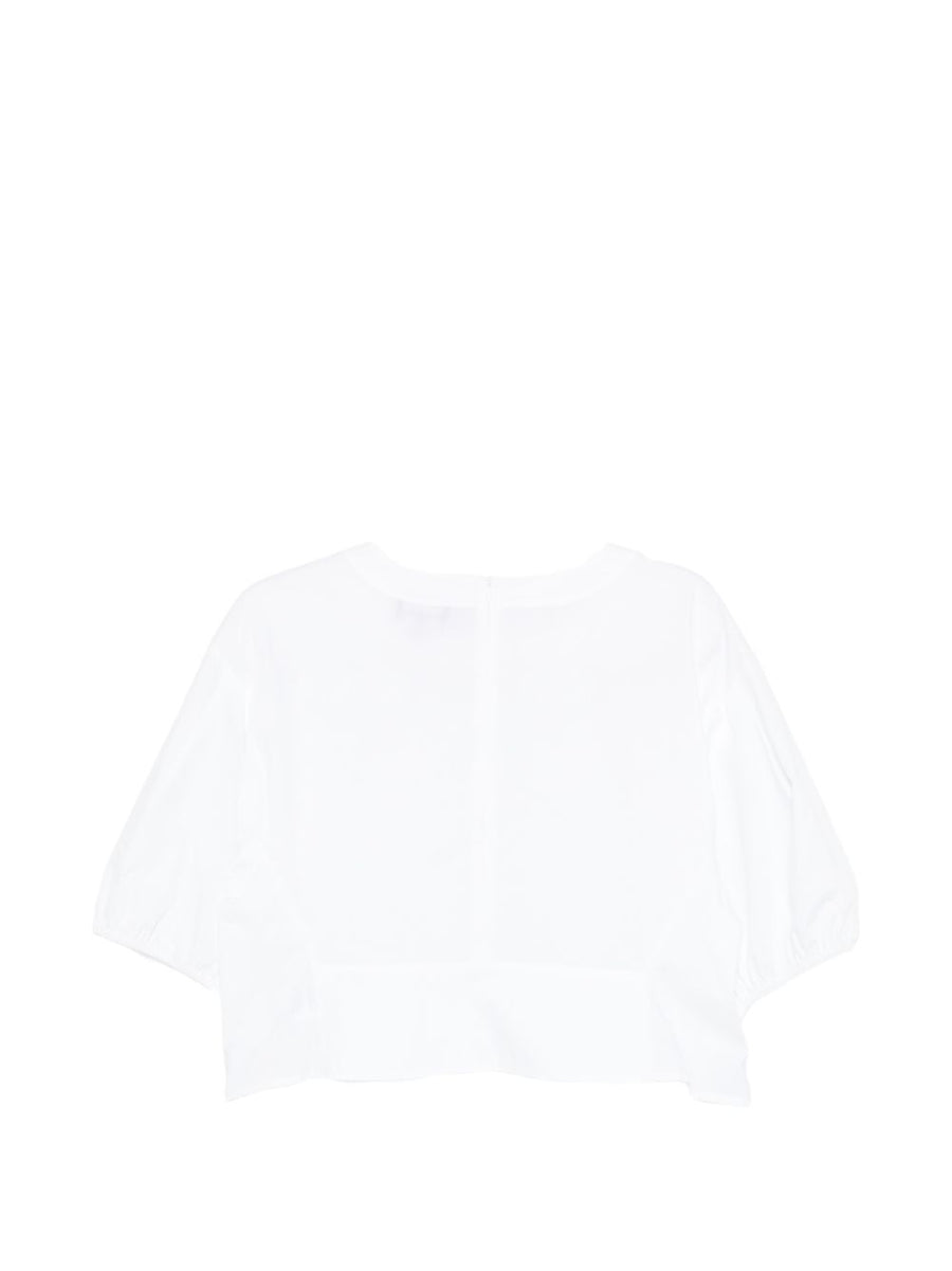 Emporio Armani White Cotton Cropped Blouse For Women With Round Neck And Puff Sleeves Versatile Wardrobe Staple