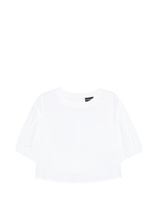 Emporio Armani White Cotton Cropped Blouse For Women With Round Neck And Puff Sleeves Versatile Wardrobe Staple