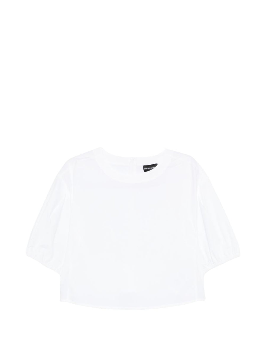 Emporio Armani White Cotton Cropped Blouse For Women With Round Neck And Puff Sleeves Versatile Wardrobe Staple