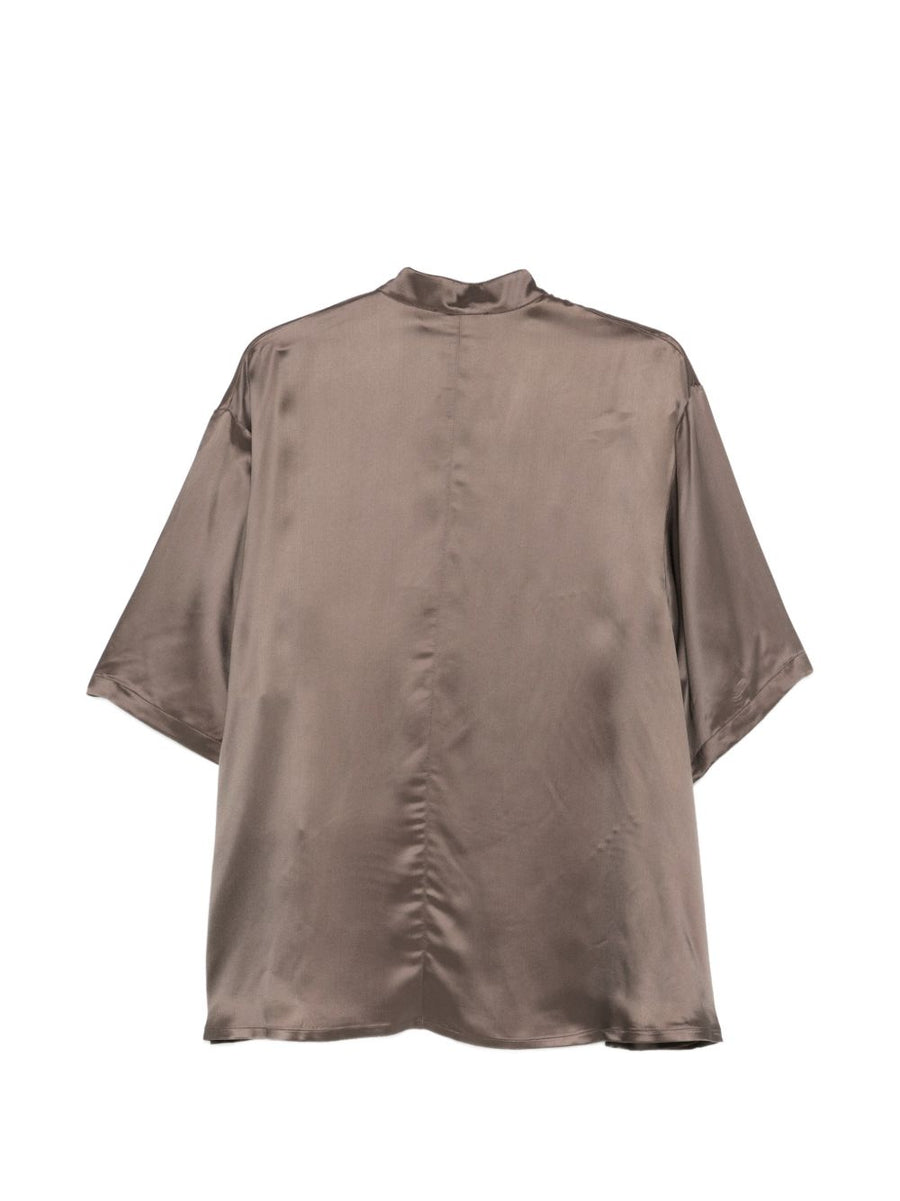 Emporio Armani Women Brown Satin Viscose Short Sleeve Shirt With Band Collar For Office And Everyday