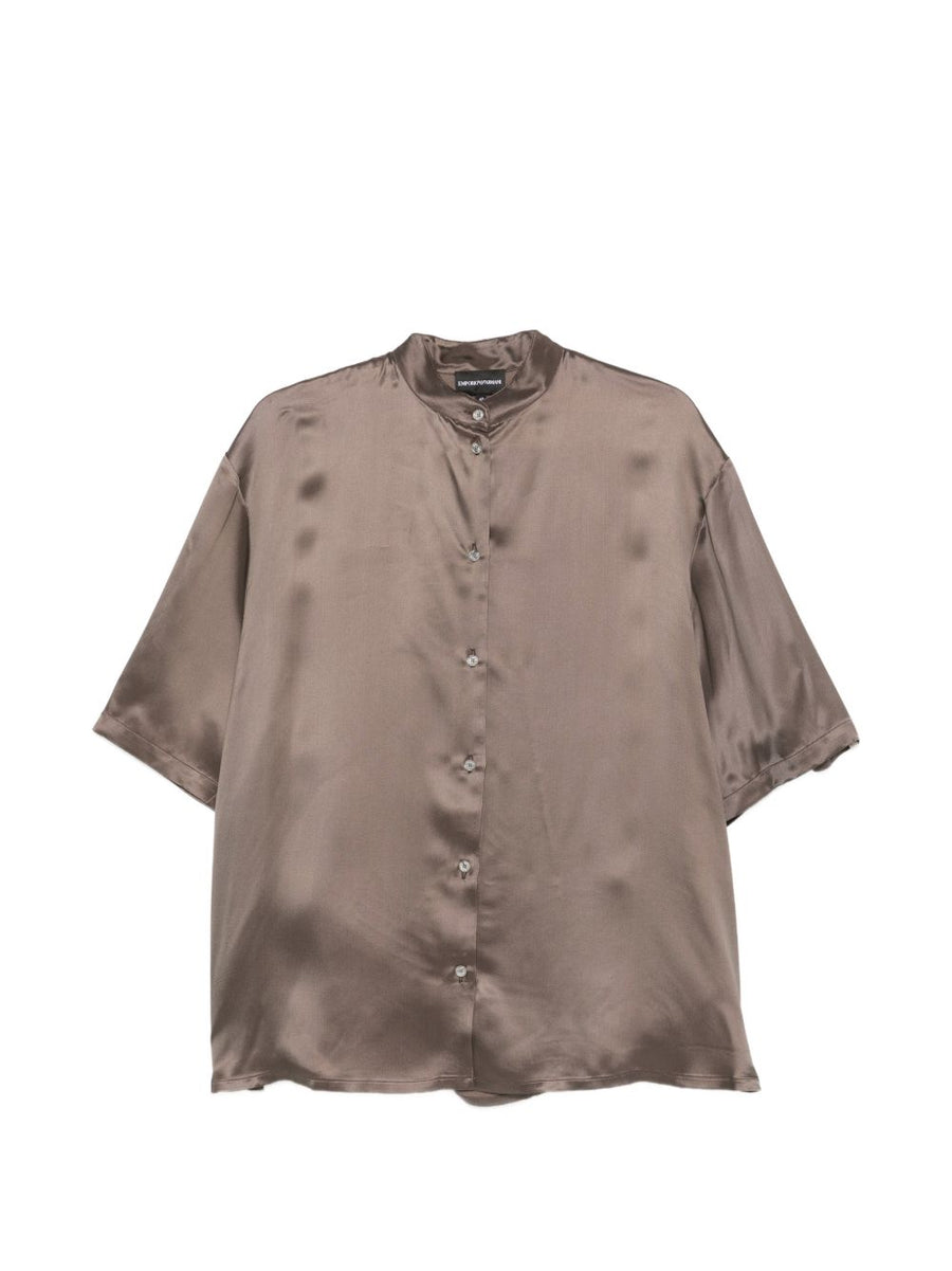 Emporio Armani Women Brown Satin Viscose Short Sleeve Shirt With Band Collar For Office And Everyday